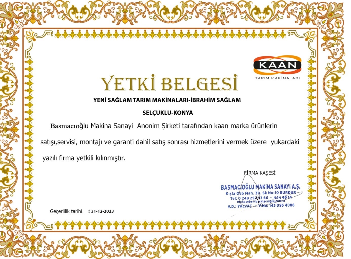 KAAN YETKİLİ BAYİ BELGESİ